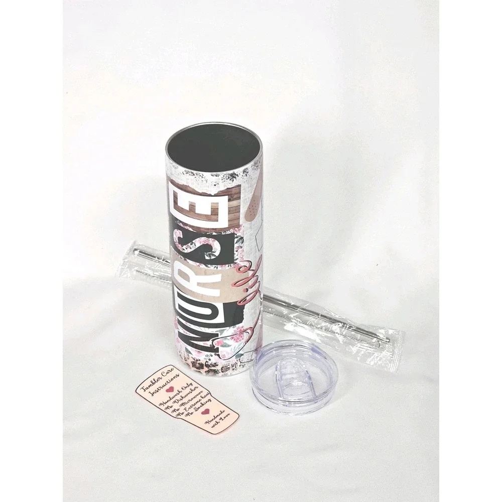 New Nurse Life Pink Stainless Steel Skinny 20oz Tumbler Lid & Plastic Straw
